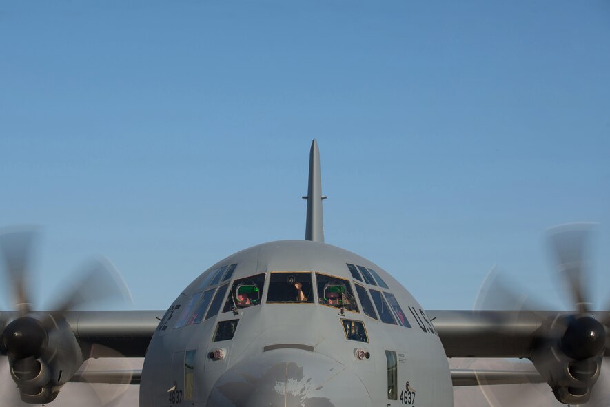 A U.S. Air Force C-130J Super Hercules aircraft assigned to the 774th Expeditionary Airlift Squadron taxis before taking off from Bagram Airfield, Afghanistan, Sept. 12, 2015. The aircraft and the rest of the squadron were in the process of redeploying back to Little Rock Air Force Base after successfully completing their deployment. During their rotation as the 774th Expeditionary Airlift Squadron, the Little Rock team completed 1,850 combat sorties and moved 14,500 passengers and 17 million pounds of cargo.  (U.S. Air Force photo by Tech. Sgt. Joseph Swafford/Released)