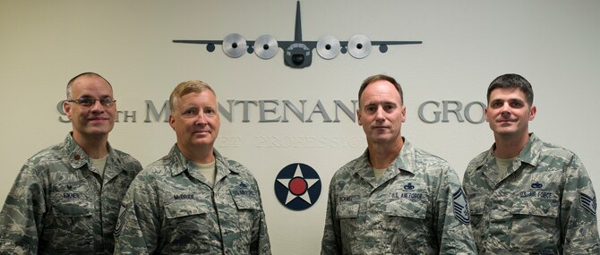 Master Sgt. Charles McBride Jr., Senior Master Sgt. Steven Bicknell, and Staff Sgt. Jason Lauth, 919th Special Operations Aircraft Maintenance Squadron, were promoted to senior master sergeant, chief master sergeant and technical sergeant respectively via the Air Force Reserve Stripes for Exceptional Performers II program. They will add on their new stripes Oct. 1. The 919th Special Operations Wing had six STEP II promotees this year. (U.S. Air Force photo/Tech. Sgt. Jasmin Taylor)