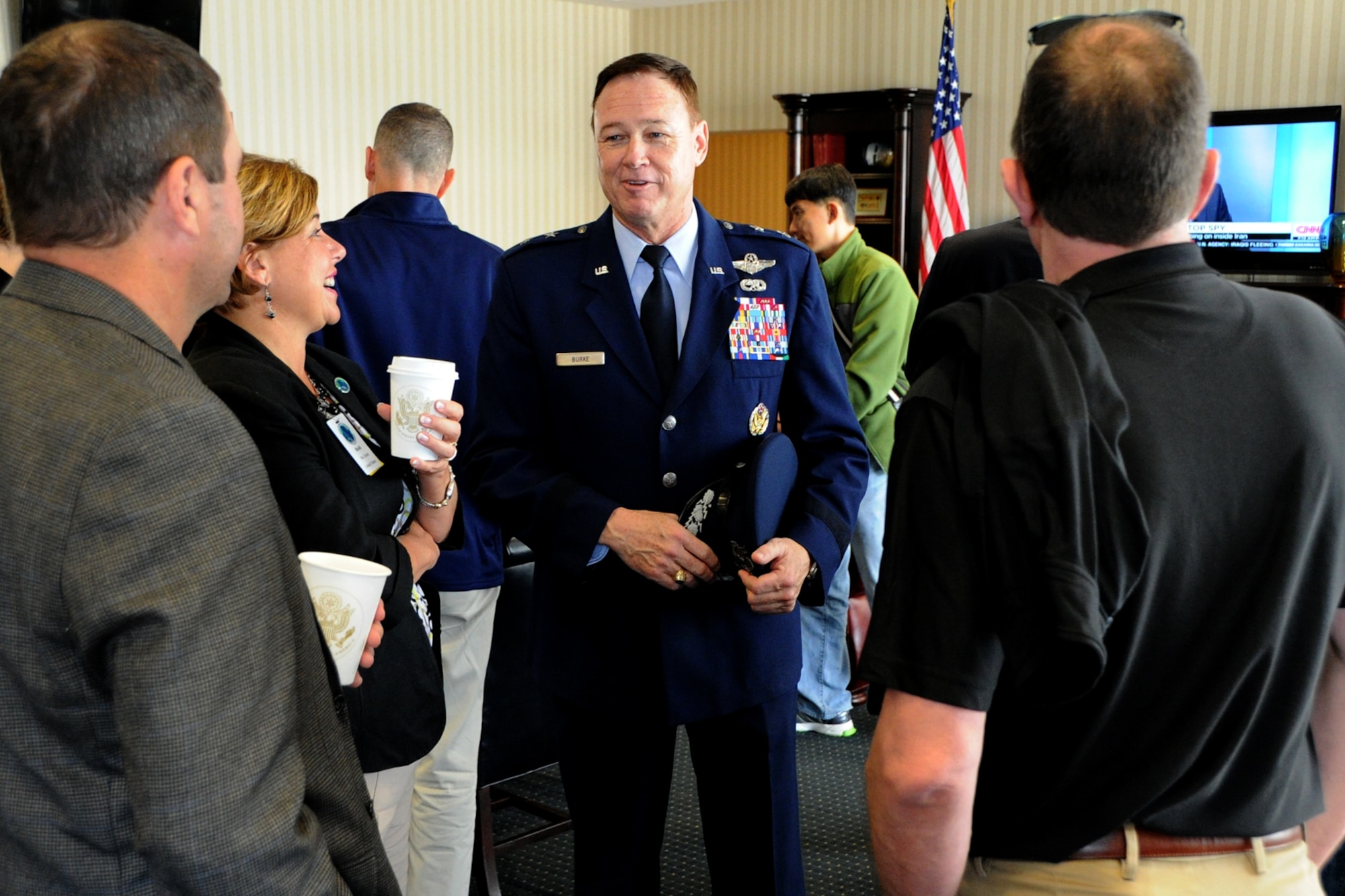 Air Force District of Washington Commander Maj. Gen. Darryl Burke greets Air Force leaders from the Pacific region on Joint Base Andrews, Md., Sep. 13. The leaders are visiting as part of the Pacific Air Chiefs’ Symposium, one of the Air Force's multilateral engagement opportunities used to build relationships with Pacific countries and to enhance theater security cooperation. The Air Force District of Washington brings air, space and cyberspace capabilities to the joint team protecting the nation's capital, and supports local personnel and those serving worldwide. (U.S. Air Force photo/Staff Sgt. Matt Davis)