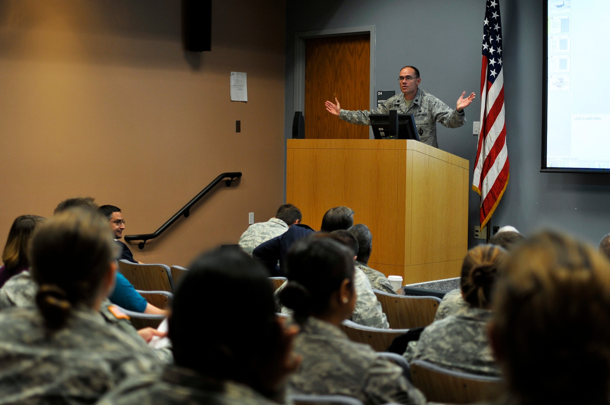 U.S. Air Force Lt. Col. David D. Gorman, judge advocate at the 182nd Airlift Wing, Illinois Air National Guard, speaks to Air and Army National Guard legal professionals during a joint-force training workshop at the 182nd Airlift Wing, Peoria, Ill., Sept. 12, 2015. The Judge Advocate General Corps provides professional counsel and a full spectrum of legal capabilities to Airmen. (U.S. Air National Guard photo by Staff Sgt. Lealan Buehrer/Released)