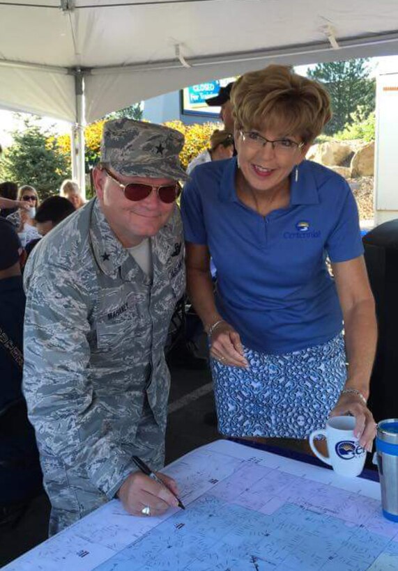Brig. Gen. Samuel "Bo" Mahaney poses with Centennial Mayor Cathy Noon, during the Centennial Founders Day Pancake Breakfast Sept. 12, 2015. (U.S. Air Force courtesy photo)