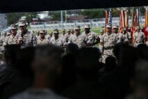 U.S. Marine Corps Lt. Gen. David H. Berger, I Marine Expeditionary Force Commanding General, addresses the crowd during the 1st Marine Division change of command ceremony at Marine Corps Base Camp Pendleton, Calif., Sept. 10, 2015. The ceremony signifies the transfer of responsibility and authority of 1st Marine Division between Commanding Generals. (U.S. Marine Corps photo by Pfc. Nathaniel Castillo, 1st Marine Division Combat Camera/Released)