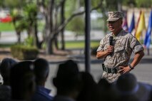 U.S. Marine Corps Brig. Gen. Daniel D. Yoo, 1st Marine Division Commanding General, addresses the crowd during a change of command ceremony on Marine Corps Base Camp Pendleton, Calif., Sept., 2015. Yoo assumed command as the 80th Commanding General of 1st Marine Division on Sept. 10, 2015. (U.S. Marine Corps photo by Pfc. Nathaniel Castillo, 1st Marine Division Combat Camera/Released)