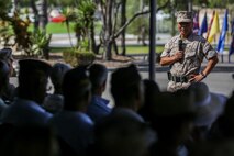 U.S. Marine Corps Brig. Gen. Daniel D. Yoo, 1st Marine Division Commanding General, addresses the crowd during a change of command ceremony on Marine Corps Base Camp Pendleton, Calif., Sept., 2015. Yoo assumed command as the 80th Commanding General of 1st Marine Division on Sept. 10, 2015. (U.S. Marine Corps photo by Pfc. Nathaniel Castillo, 1st Marine Division Combat Camera/Released)