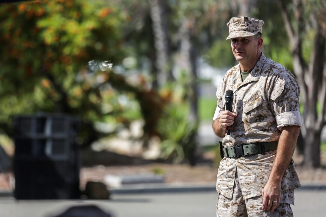U.S. Marine Corps Maj. Gen. Daniel J. O’Donohue, 1st Marine Division Commanding General, addresses the crowd during a change of command ceremony at Marine Corps Base Camp Pendleton, Calif., Sept 10, 2015. O’Donohue assumed command as the 81st Commanding General of 1st Marine Division. (U.S. Marine Corps photo by Pfc. Nathaniel Castillo, 1st Marine Division Combat Camera/Released)