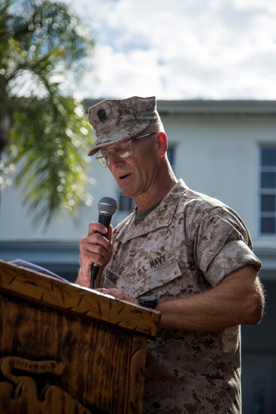 U.S. Navy Capt. Thomas B. Webber, 1st Marine Division Chaplain, delivers the invocation during the 1st Marine Division change of command ceremony at Marine Corps Base Camp Pendleton, Calif., Sept. 10, 2015. The ceremony signifies the transfer of responsibility and authority of 1st Marine Division between Commanding Generals. (U.S. Marine Corps photo by Sgt. Luis A. Vega, 1st Marine Division Combat Camera/Released)