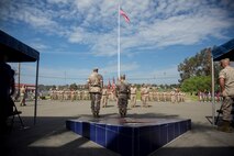 U.S. Marine Corps Brig. Gen. Daniel D. Yoo, right, 1st Marine Division Commanding General, takes his place during a change of command ceremony on Marine Corps Base Camp Pendleton, Calif., Sept. 10, 2015. Yoo assumed command as the 80th Commanding General of 1st Marine Division on July 30, 2015. (U.S. Marine Corps photo by Sgt. Luis A. Vega, 1st Marine Division Combat Camera/Released)