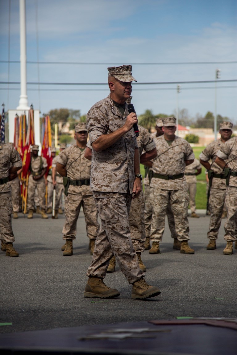 U.S. Marine Corps Lt. Gen. David H. Berger, I Marine Expeditionary Force Commanding General, addresses the crowd during the 1st Marine Division change of command ceremony at Marine Corps Base Camp Pendleton, Calif., Sept. 10, 2015. The ceremony signifies the transfer of responsibility and authority of 1st Marine Division between Commanding Generals. (U.S. Marine Corps photo by Sgt. Luis A. Vega, 1st Marine Division Combat Camera/Released)