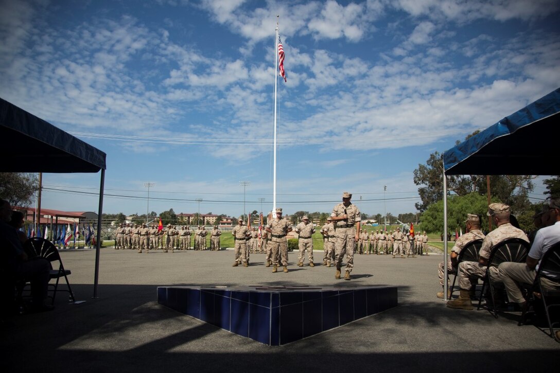 U.S. Marine Corps Maj. Gen. Daniel J. O’Donohue, 1st Marine Division Commanding General, addresses Marines and Sailors during a change of command ceremony at Marine Corps Base Camp Pendleton, Calif., Sept. 10, 2015. O’Donohue assumed command as the 81st Commanding General of 1st Marine Division. (U.S. Marine Corps photo by Sgt. Luis A. Vega, 1st Marine Division Combat Camera/Released)