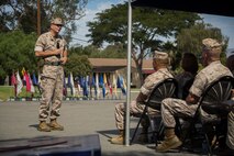 U.S. Marine Corps Maj. Gen. Daniel J. O’Donohue, 1st Marine Division Commanding General, addresses Marines and Sailors during a change of command ceremony at Marine Corps Base Camp Pendleton, Calif., Sept. 10, 2015. O’Donohue assumed command as the 81st Commanding General of 1st Marine Division. (U.S. Marine Corps photo by Sgt. Luis A. Vega, 1st Marine Division Combat Camera/Released)