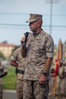 U.S. Marine Corps Lt. Gen. David H. Berger, I Marine Expeditionary Force Commanding General, addresses Marines and Sailors during the 1st Marine Division change of command ceremony at Marine Corps Base Camp Pendleton, Calif., Sept. 10, 2015. The ceremony signifies the transfer of responsibility and authority of 1st Marine Division between Commanding Generals. (U.S. Marine Corps photo by Sgt. Luis A. Vega, 1st Marine Division Combat Camera/Released)