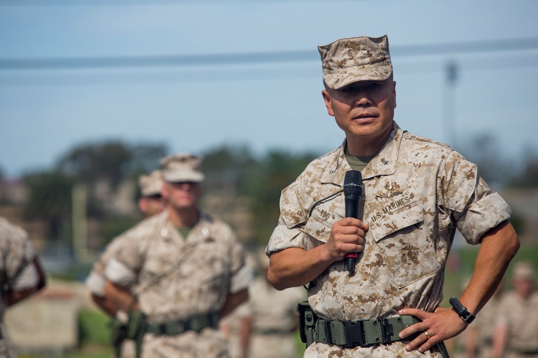 U.S. Marine Corps Brig. Gen. Daniel D. Yoo, 1st Marine Division Commanding General, addresses Marines and Sailors during a change of command ceremony on Marine Corps Base Camp Pendleton, Calif., Sept. 10, 2015. Yoo assumed command as the 80th Commanding General of 1st Marine Division on July 30, 2015. (U.S. Marine Corps photo by Sgt. Luis A. Vega, 1st Marine Division Combat Camera/Released)