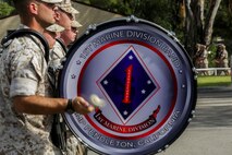 U.S. Marines with the 1st Marine Division Band perform during a change of command ceremony at Marine Corps Base Camp Pendleton, Calif., Sept. 10, 2015. The ceremony signifies the transfer of responsibility and authority of 1st Marine Division between Commanding Generals. (U.S. Marine Corps photo by Pfc. Nathaniel Castillo, 1st Marine Division Combat Camera/Released)