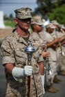 U.S. Marines with the 1st Marine Division Band perform during a change of command ceremony at Marine Corps Base Camp Pendleton, Calif., Sept. 10, 2015. The ceremony signifies the transfer of responsibility and authority of 1st Marine Division between Commanding Generals. (U.S. Marine Corps photo by Pfc. Nathaniel Castillo, 1st Marine Division Combat Camera/Released)