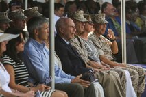U.S. Marine Corps Brig. Gen. Daniel D. Yoo, 1st Marine Division Commanding General, relinquishes command to Maj. Gen. Daniel J. O'Donohue  during a change of command ceremony at Marine Corps Base Camp Pendleton, Calif., Sept., 2015. Yoo assumed command as the 80th Commanding General of 1st Marine Division on Sept. 10, 2015. (U.S. Marine Corps photo by Pfc. Nathaniel Castillo, 1st Marine Division Combat Camera/Released)