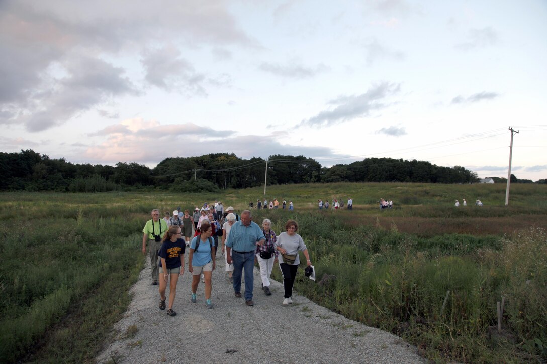 The public gathers at the Broad Meadows Salt Marsh to hear Larry Oliver's presentation on the project on August 24, 2015  at the Quincy, Massachusetts project.