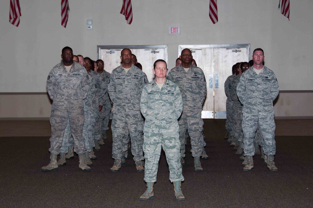 Airmen of the 307th Force Support Squadron assemble on September 12, 2015 to see U.S. Air Force Maj. Beth Hart assume command of their squadron on Barksdale Air Force Base, Louisiana. Hart is the former 307 Bomb Wing Executive Officer. (U.S. Air Force photo by Master Sgt. Laura Siebert/Released)