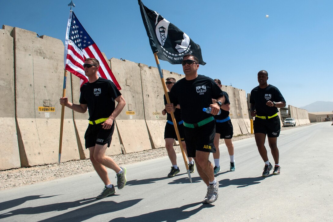 U.S. soldiers participate in a run to honor prisoners of war and those missing in action on Bagram Airfield, Afghanistan, Sept. 3, 2015. U.S. Air Force photo by Tech. Sgt. Joseph Swafford