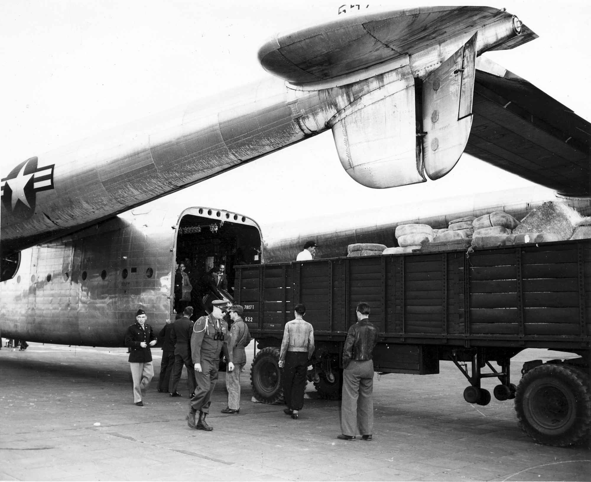 This C-82, shown here with its clamshell doors removed, assisted in the Berlin Airlift. (U.S. Air Force photo)