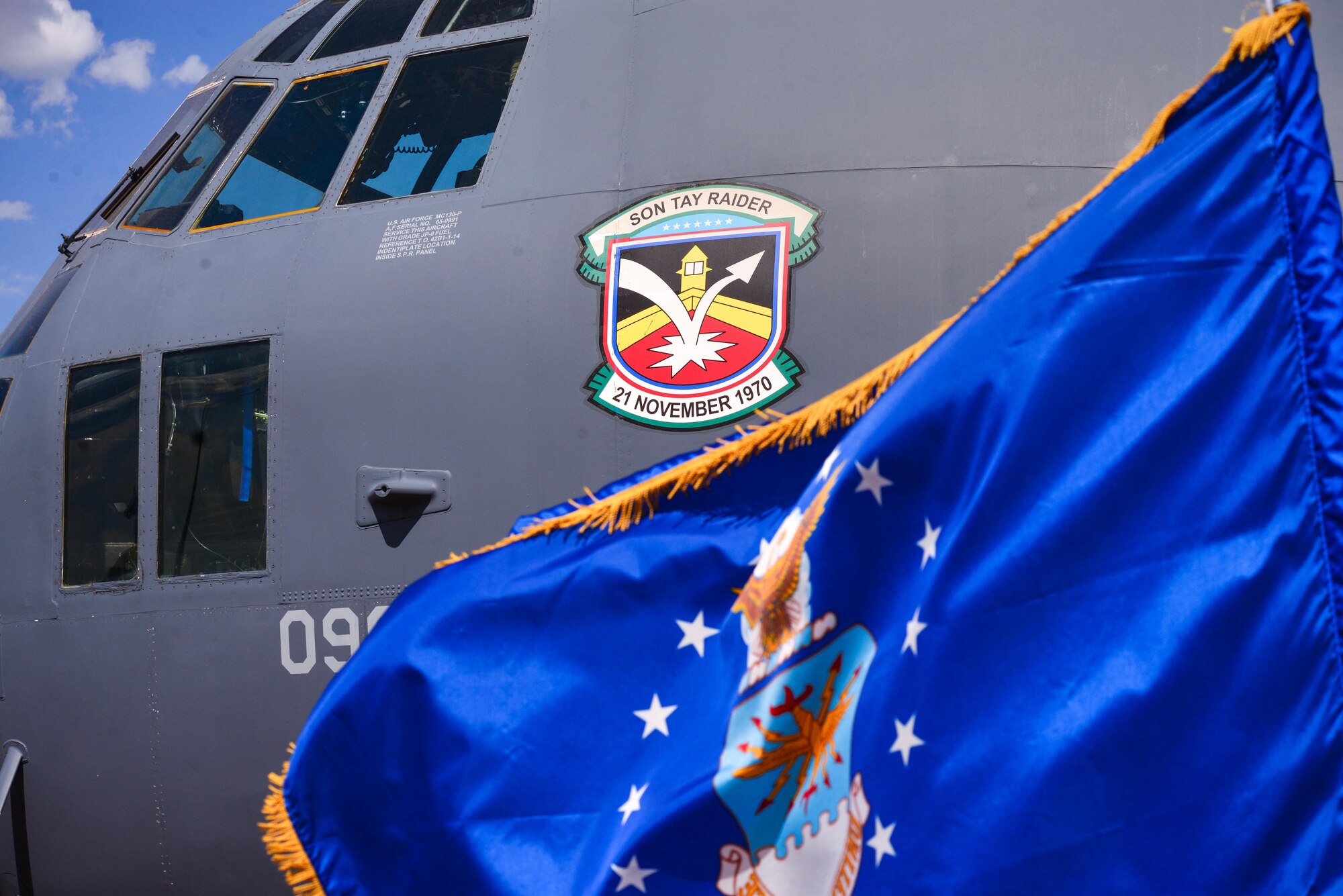 The official Son Tay Raid patch adorns the side of Lime 02, an MC-130P Combat Shadow dedicated in a ceremony Sept. 3, 2015 at Cannon Air Force Base, N.M. Lime 02 participated as an aerial refueler in the attempt to rescue more than 50 American Prisoners of War from the Son Tay camp in Vietnam in 1970. (U.S. Air Force photo/Airman 1st Class Shelby Kay-Fantozzi)