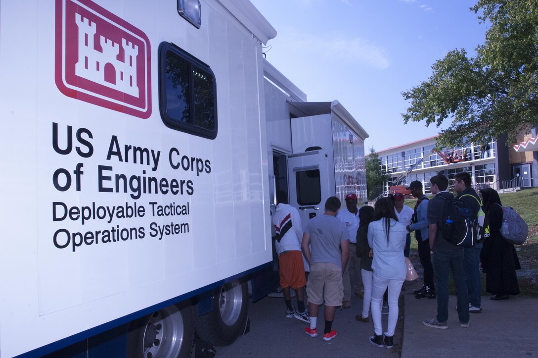 Students at Stratford STEM Magnet School in Nashville, Tenn., tour a U.S. Army Corps of Engineers Emergency Command and Control Vehicle to learn more about emergency response as part of their curriculum on Patriot Day.