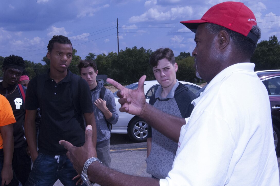 James Sowell, safety officer with the U.S. Army Corps of Engineers Nashville District, shares his experience as an emergency responder during 9-11 with students at Stratford STEM Magnet School in Nashville, Tenn., Sept. 11, 2015.  The students were touring a U.S. Army Corps of Engineers Emergency Command and Control Vehicle on Patriot Day. 