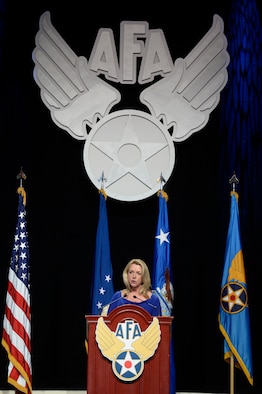 Secretary of the Air Force Deborah Lee James delivers her keynote speech at the Air Force Association's Air and Space Conference and Technology Exposition in Washington, D.C., Sept. 14, 2015. In her speech, James outlined how the Air Force and industry must partner to expand, advance, and ultimately reinvent the aerospace nation. (U.S. Air Force photo/Scott M. Ash) 
 