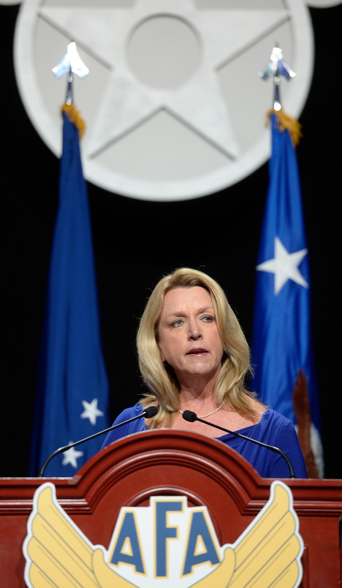 Secretary of the Air Force Deborah Lee James delivers her keynote speech at the Air Force Association's Air and Space Conference and Technology Exposition in Washington, D.C., Sept. 14, 2015. In her speech, James outlined how the Air Force and industry must partner to expand, advance, and ultimately reinvent the aerospace nation. (U.S. Air Force photo/Scott M. Ash) 