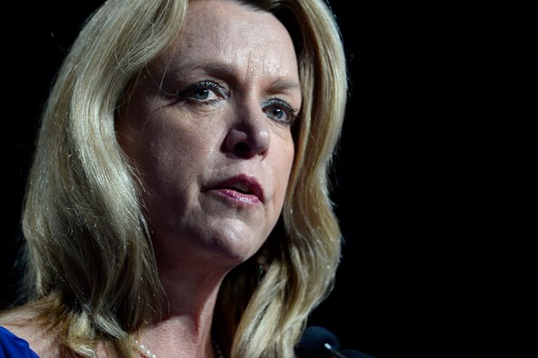 Secretary of the Air Force Deborah Lee James delivers her keynote speech at the Air Force Association's Air and Space Conference and Technology Exposition in Washington, D.C., Sept. 14, 2015.  In her speech, James outlined how the Air Force and industry must partner to expand, advance, and ultimately reinvent the aerospace nation.  (U.S. Air Force photo/Scott M. Ash) 
