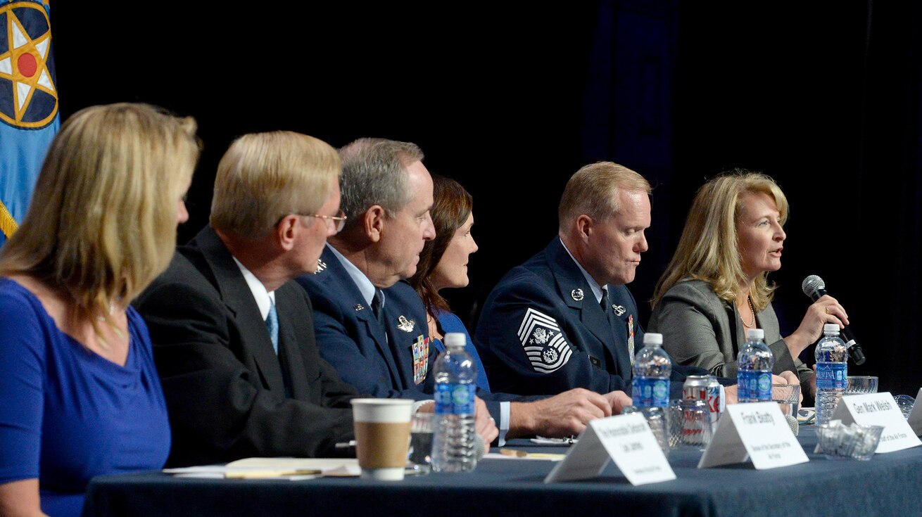 Some of the Air Force's senior leaders and their spouses answer questions about family issues during an Airman and Family Programs senior leader town hall, during the Air Force Association's Air and Space Conference and Technology Exposition in Washington, D.C., Sept. 14, 2015. (U.S. Air Force photo/Scott M. Ash) 