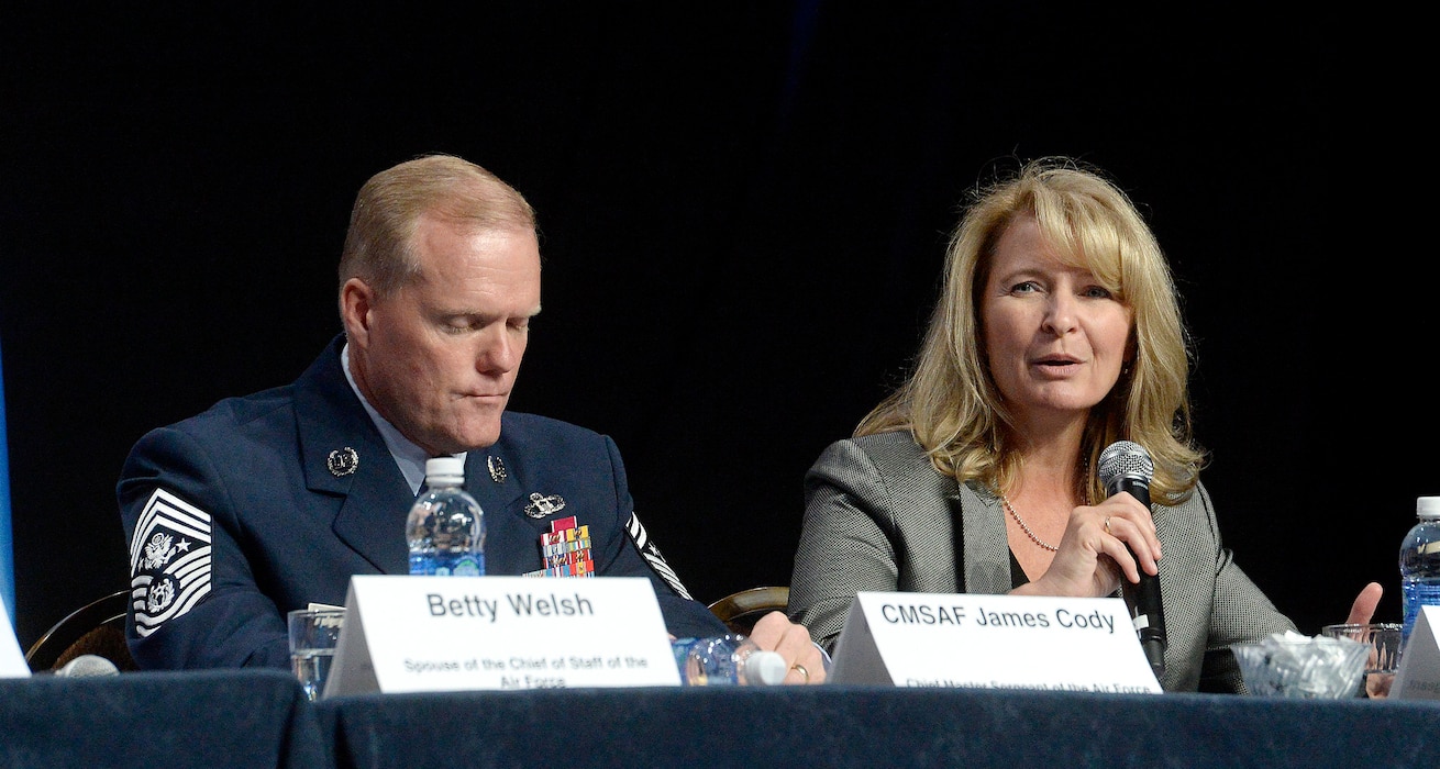 Chief Master Sgt. of the Air Force James A. Cody and his wife, Athena, talk about family issues during an Airman and Family Programs senior leader town hall, during the Air Force Association's Air and Space Conference and Technology Exposition in Washington, D.C., Sept. 14, 2015. (U.S. Air Force photo/Scott M. Ash) 
 
