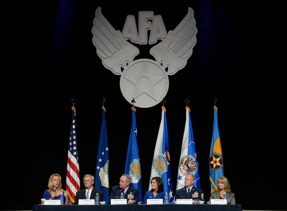 Some of the Air Force's senior leaders and their spouses answer questions about family issues during an Airman and Family Programs senior leader town hall, during the Air Force Association's Air and Space Conference and Technology Exposition in Washington, D.C., Sept. 14, 2015. (U.S. Air Force photo/Scott M. Ash) 