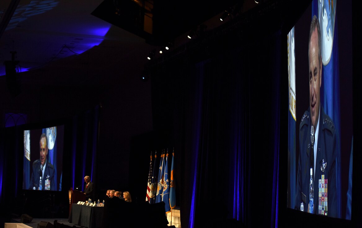 Air Force Chief of Staff Gen. Mark A. Welsh III talks about family issues during an Airman and Family Programs Senior Leader Town hall, during the Air Force Association's Air and Space Conference and Technology Exposition in Washington, D.C., Sept. 14, 2015.  (U.S. Air Force photo/Tech. Sgt. Dan DeCook) 
 