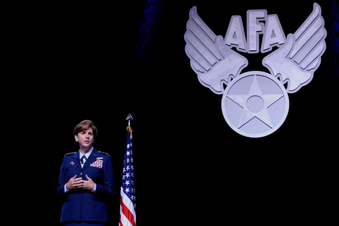 Gen. Lori Robinson, the Pacific Air Forces commander, speaks to attendees during the Air Force Association's Air and Space Conference and Technology Exposition in Washington, D.C., Sept. 14, 2015. Robinson stressed the importance of building partnerships to enhance stability in the Pacific. (U.S. Air Force photo/Staff Sgt. Whitney Stanfield)