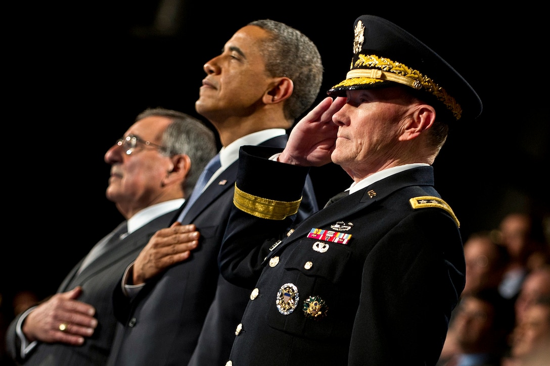 From right to left, Army Gen. Martin E. Dempsey, chairman of the joint chiefs of staff, President Barack Obama and Defense Secretary Leon E. Panetta render honors during Panetta's farewell ceremony on Joint Base Myer-Henderson Hall, Va., Feb. 8, 2013. Dempsey hosted the event. DoD photo by U.S. Army Staff Sgt. Sun L. Vega