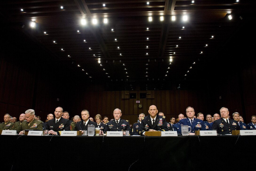 Army Gen. Martin E. Dempsey, center left, chairman of the Joint Chiefs of Staff, and other top military leaders testify before the Senate Armed Services Committee in Washington, D.C., May 6, 2014. DoD photo by U.S. Army Staff Sgt. Sean K. Harp
