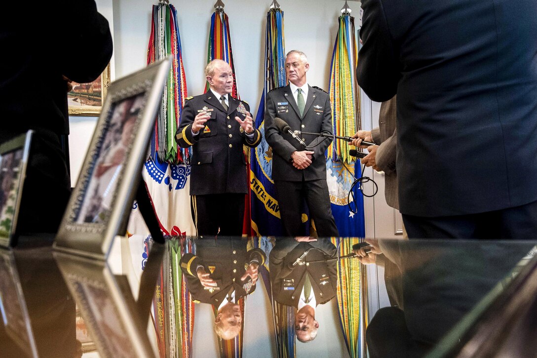 U.S. Army Gen. Martin E. Dempsey, left, chairman of the Joint Chiefs of Staff, and Lt. Gen. Benjamin "Benny" Gantz, chief of the Israeli defense staff, talk to reporters at the Pentagon, Jan. 8, 2015. DoD photo by U.S. Army Staff Sgt. Sean K. Harp

