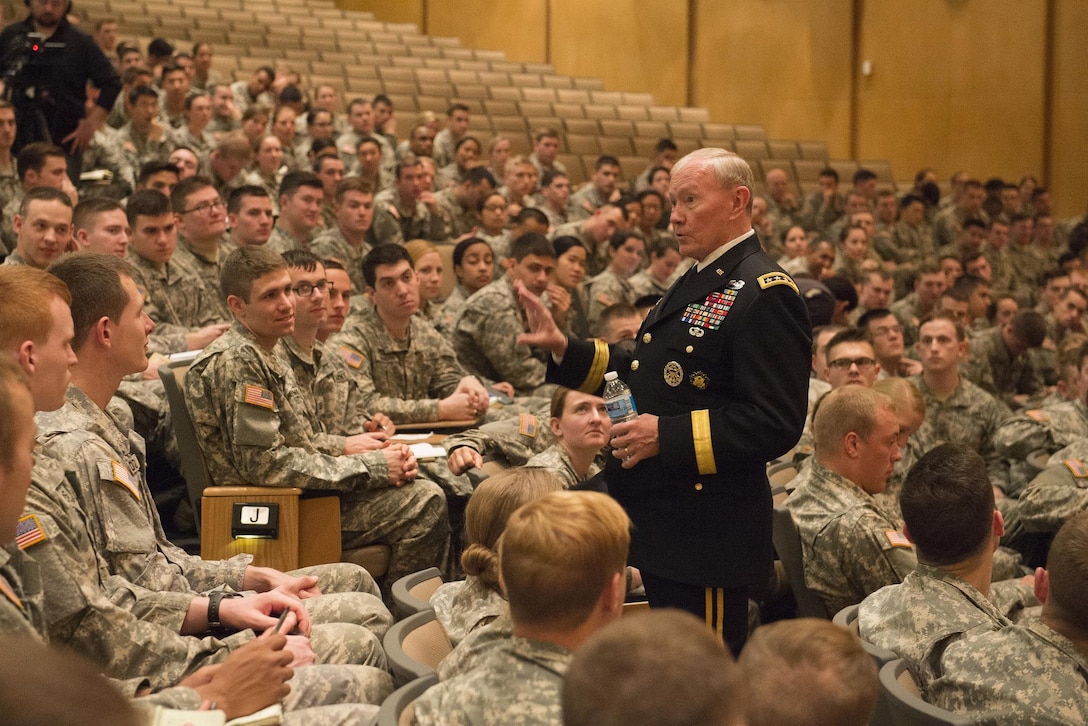 Army Gen. Martin E. Dempsey, chairman of the Joint Chiefs of Staff, talks with the graduating class of cadets during his visit to the U.S. Military Academy at West Point, N.Y., April 22, 2015. Dempsey is on a two-day tour of the U.S. Naval Academy, U.S. Military Academy and Harvard University. DoD photo by U.S. Navy Petty Officer 1st Class Daniel Hinton