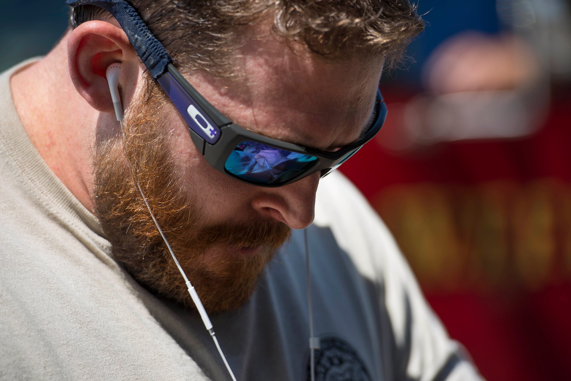 Mike Battaglino prepares himself to pull a Wichita Falls fire truck on Sheppard Air Force Base, Texas, Sept. 12, 2015. Battaglino, a veteran of “strong man” pulled the truck in support of his former mentor, retired U.S. Air Force Col. Shawn “Norm” Pederson who suffered an aneurism shortly after retiring. (U.S. Air Force photo by Senior Airman Kyle Gese/Released)