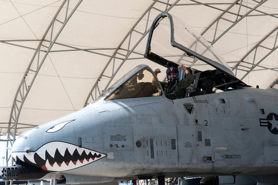 U.S. Air Force Col. James Travis, 476th Fighter Group commander, celebrates after his fini-flight Sept. 11, 2015, at Moody Air Force Base, Ga. Throughout his career, Travis logged more than 3,800 hours as a command pilot and more than 500 jumps as a senior parachutist. (U.S. Air Force photo by Airman 1st Class Kathleen D. Bryant/Released)