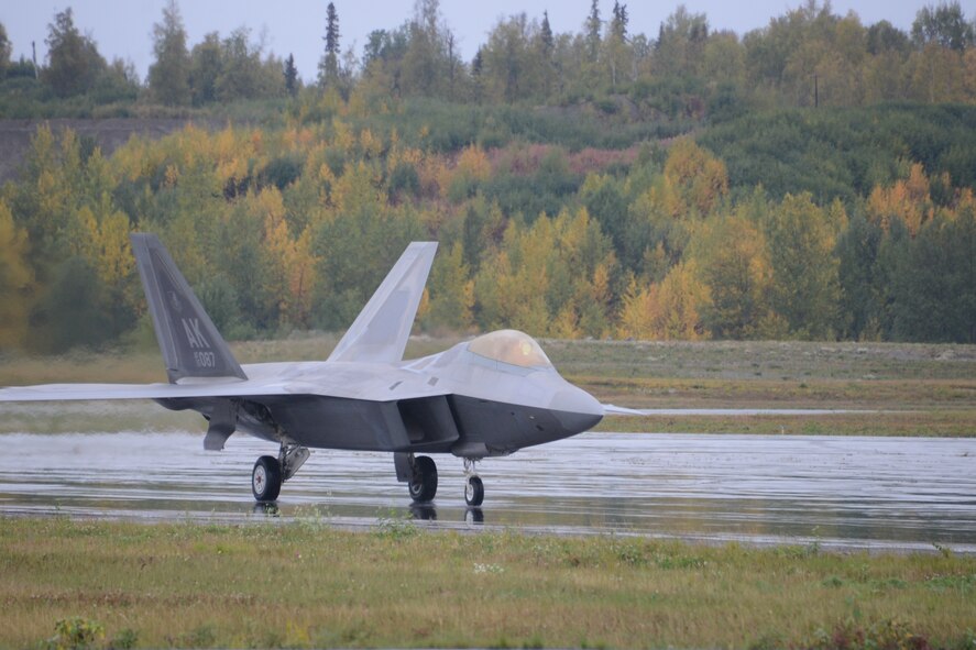 An F-22 Raptor assigned to Joint Base Elmendorf-Richardson taxis back to its assigned parking location after the first sortie of the 477th Fighter Groups September Unit Training Assembly. The 477th Fighter Group is the only Air Force Reserve unit in Alaska. During the week members of the FG integrate with the active duty 3rd Wing supporting F-22 flying operations. (U.S. Air Force photo/Tech. Sgt. Dana Rosso)

