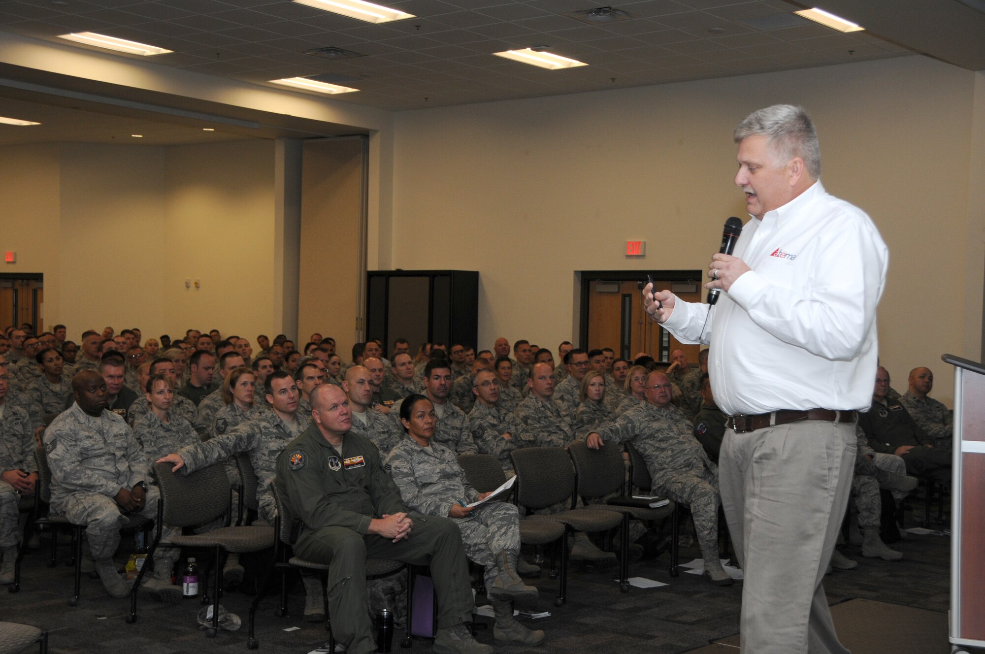 Tim Neubauer, safety director at Atema Inc., briefs Guardsmen from the 161st Air Refueling Wing, in Phoenix as part of the wing’s Resilience, Risk Reduction and Suicide Prevention down day during September’s unit training assembly, Sept. 12, 2015. Neubauer is a safety professional with more than 15 years of field experience and was a senior consultant for the National Safety Council. The R3SP program’s primary mission is to ensure Guardsmen are properly trained in resilience and suicide prevention skills. (U.S. Air National Guard photo by Tech. Sgt. Michael Matkin)