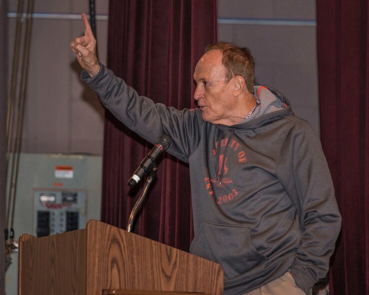Dale Brown, former college basketball coach, speaks to Airmen at the base theater at Minot Air Force Base, N.D., September 8, 2015. Brown and Shaquille O’Neil, former professional basketball player, spoke to Airmen at the base theater about overcoming challenges in life and the true meaning of being successful. (U.S. Air Force photo/ Airman 1st Class Justin T. Armstrong)