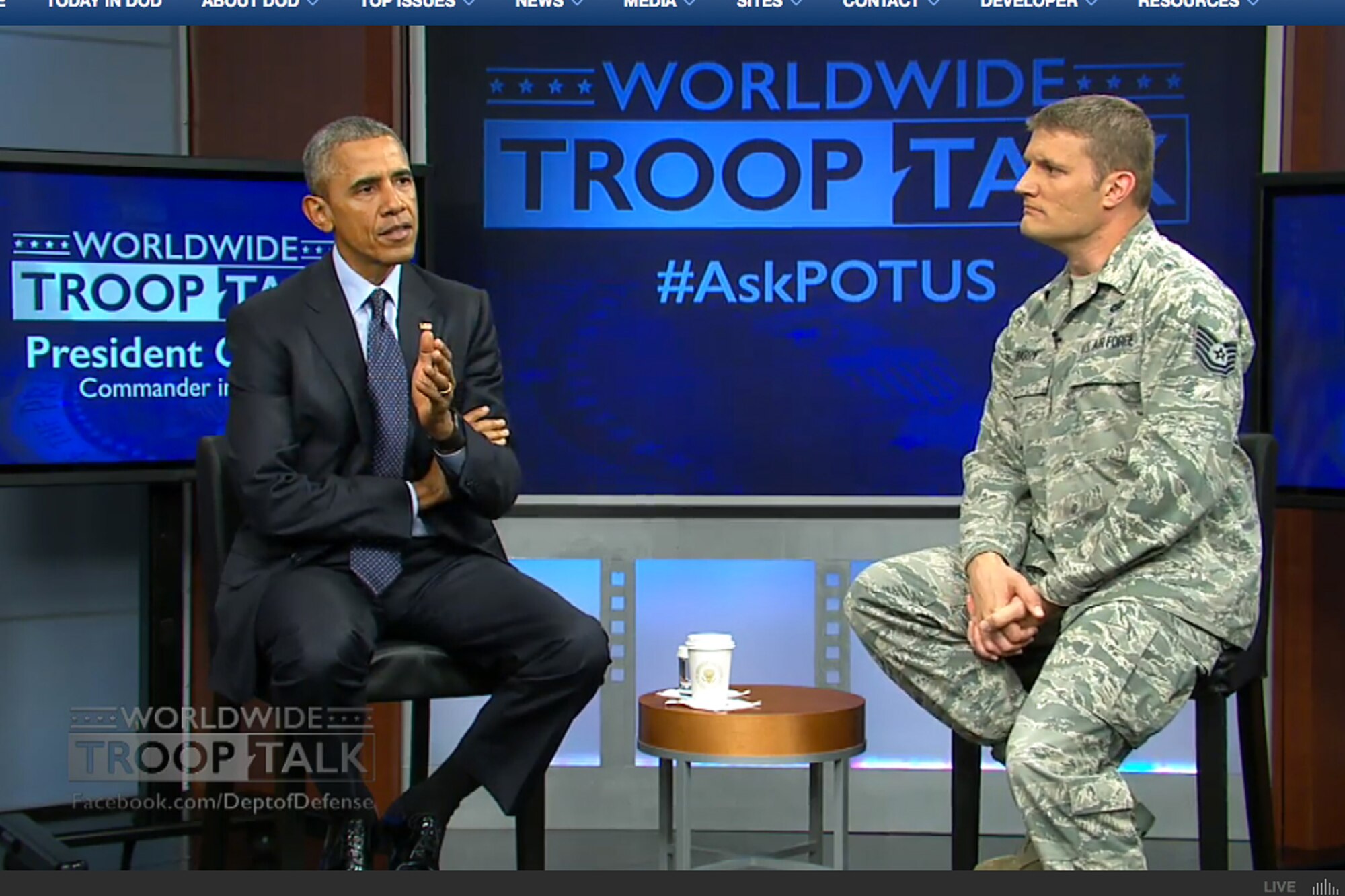 President Barack Obama holds a worldwide troop talk from Fort Meade, Md., Sept. 11, 2015. The commander in chief spoke to military audiences and addressed some of their most pressing concerns. (Department of Defense photo)