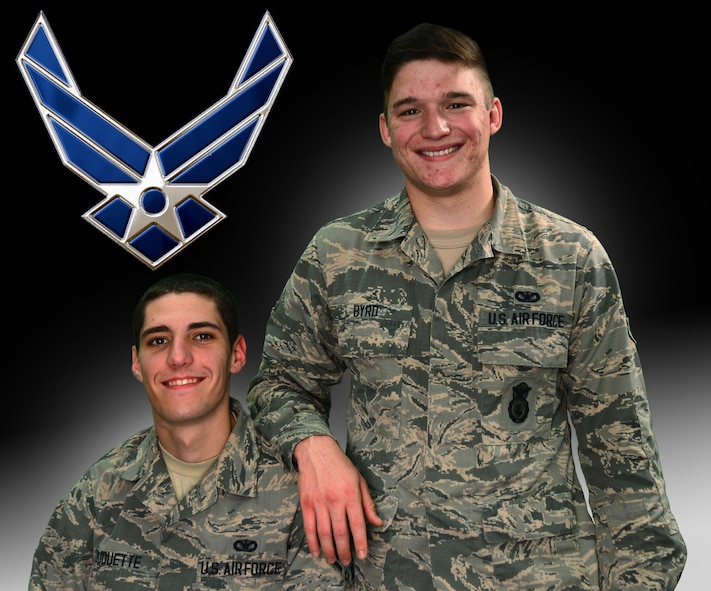 Airman 1st Class Francesco Duquette (left) and Airman Ethan Byrd (right), both from the 341st Missile Security Forces Squadron, pose for a photo during wingman month Sept. 11, 2015, at Malmstrom Air Force Base, Mont. Duquette was injured during a hiking trip and Byrd administered basic first aid care and ensured Duquette was airlifted by the 40th Helicopter Squadron to receive medical care. (U.S. Air Force photo illustration/Airman 1st Class Magen M. Reeves)