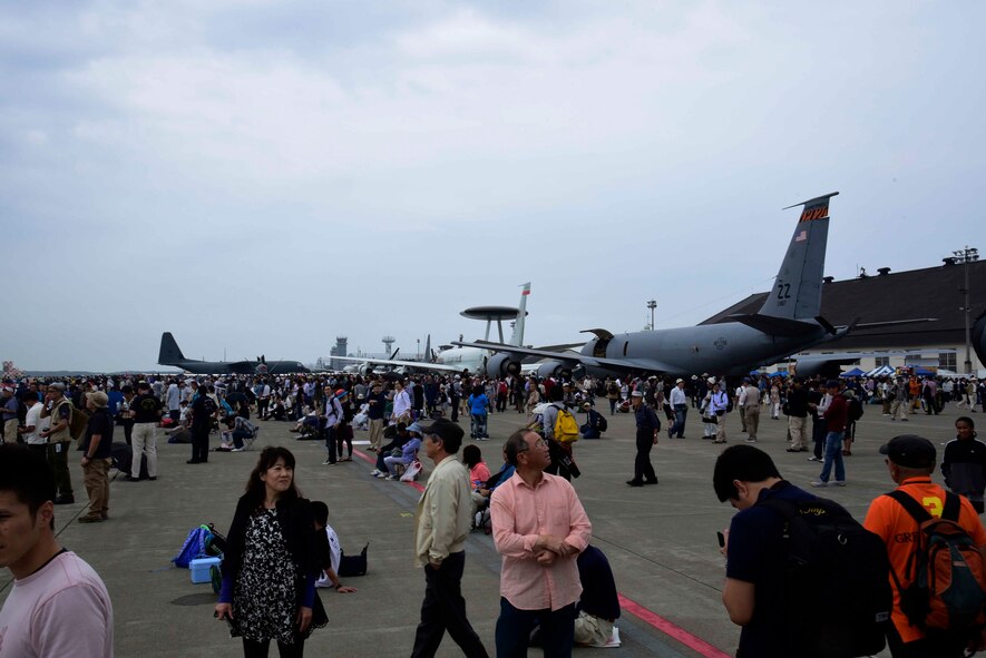 Local community members gather for the annual Misawa Air Festival at Misawa Air Base, Japan, Sept. 13, 2015. This year's Air Festival attracted more than 100,000 attendees to see aircraft like the B-52 Stratofortress, E-3 Sentry, F-16 Fighting Falcon and C-130 Hercules. (U.S. Air Force photo by Airman 1st Class Jordyn Fetter/Released) 