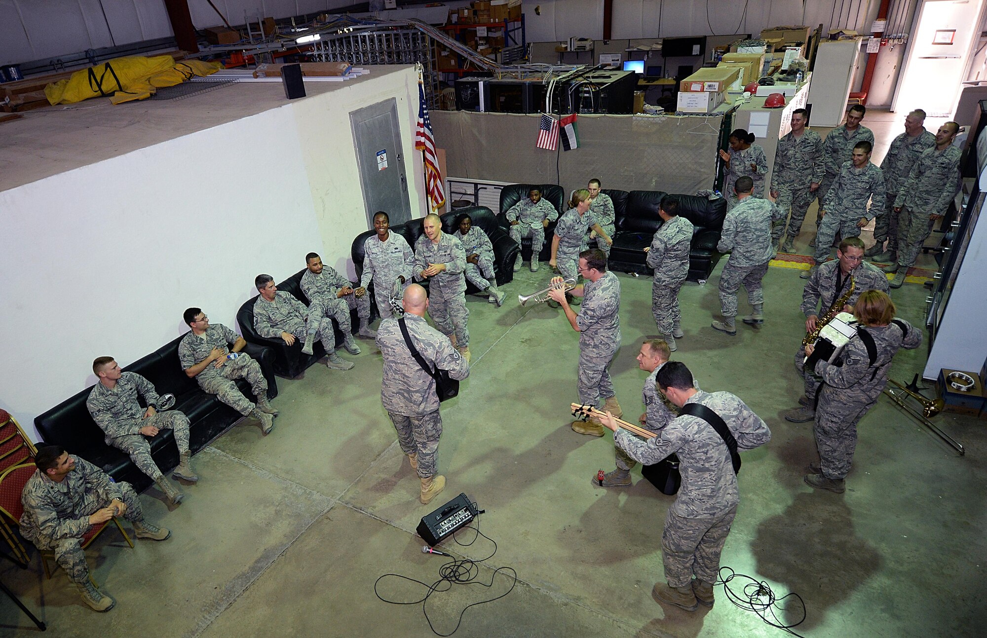 The Air Forces Central Command band performs for Airmen at an undisclosed location in Southwest Asia, Aug. 26, 2015.The band plays a variety of genres of music to appeal to all audiences. (U.S. Air Force photo by Staff Sgt. Emerson Nuñez/Released)
