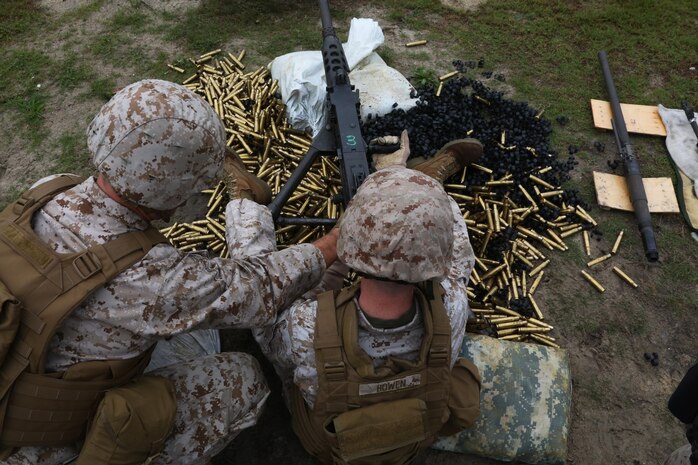 Lt. Col. Jeremy S. Winters, left, and Gunnery Sgt. Clifford Bowen reload a Browning M2 .50-caliber machine gun during a weapons familiarization range at Marine Corps Base Camp Lejeune, North Carolina, Aug. 27, 2015. More than 100 Marines from Marine Air Support Squadron 1 honed their weapons skills with the M240B machinegun, Browning M2 .50 caliber machine gun and the M1014 combat shotgun. Marines from various military job occupations received hands-on experience that allows them to improve crucial skills and become well-rounded war fighters. (U.S. Marine Corps photo by Cpl. N.W. Huertas/ Released)