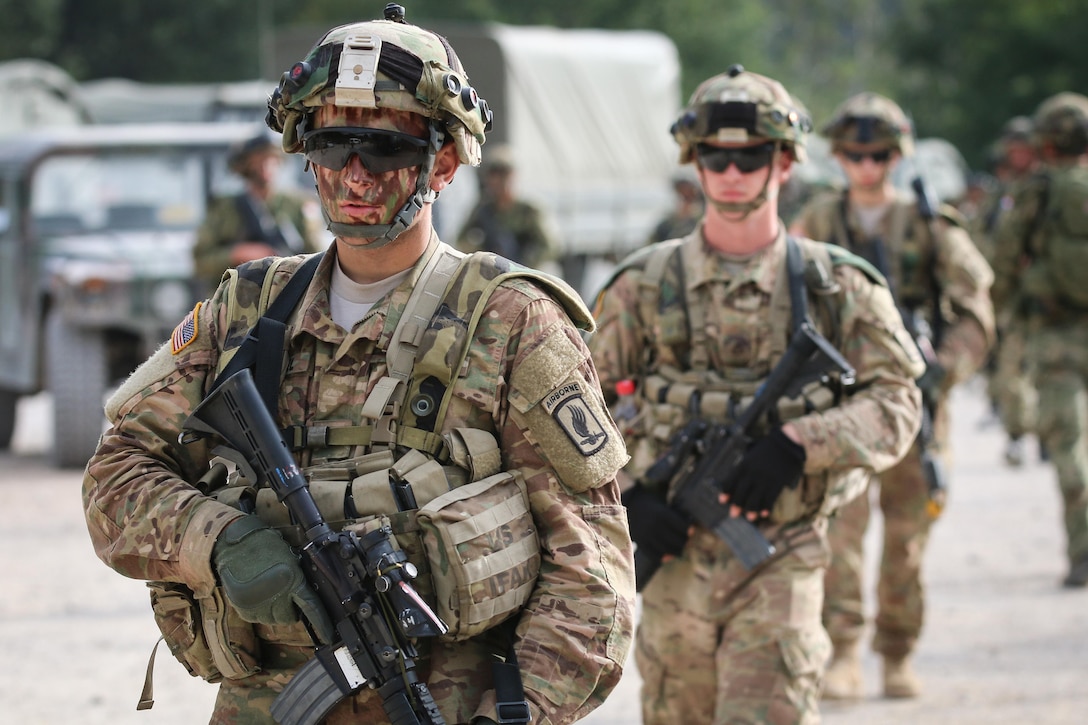 U.S. Army 173rd Airborne Brigade Soldiers head into the field to take part in one of the many situational training lanes happening during Immediate Response 15 in Slunj, Croatia, Sept. 14, 2015. Immediate Response 15 is a multinational, brigade-level, Command Post Exercise utilizing computer-assisted simulations and field training exercises in Croatia and Slovenia. The exercises and simulations are designed to enhance regional stability, strengthen partner capacity, and improve interoperability. U.S. Army photo by Sgt. 1st Class Caleb Barrieau