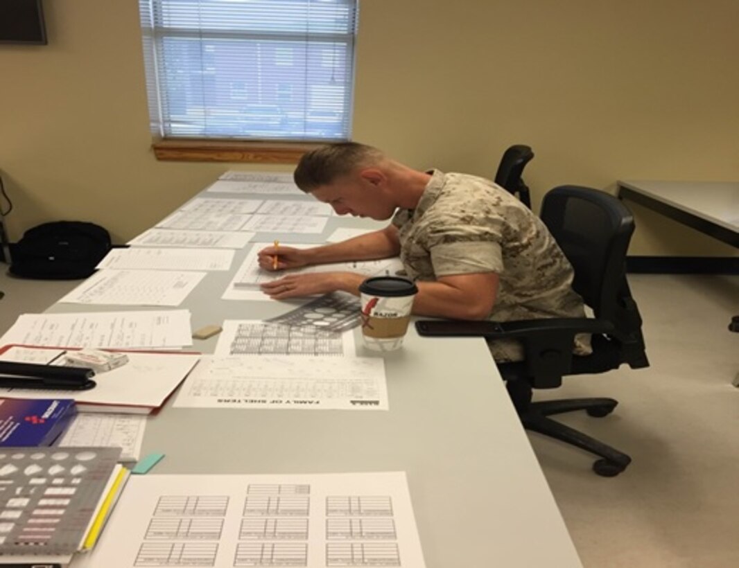 Sgt. Hubberstey, attending the Advanced Electrician course 3-15; participates in a practical application exercise on field planning at Marine Corps Engineer School, Utilities Instruction Company, Camp Lejeune, North Carolina on August 31, 2015.  The planning stage for these Marines is crucial to their overall development as a small unit leader within their respective commands.  This exercise is intended to test the Marines' knowledge on how to emplace generator sites, Mobile Electric Power Distribution Systems (MEPDIS), and general power requirements for field operations and combat deployment operations.   
